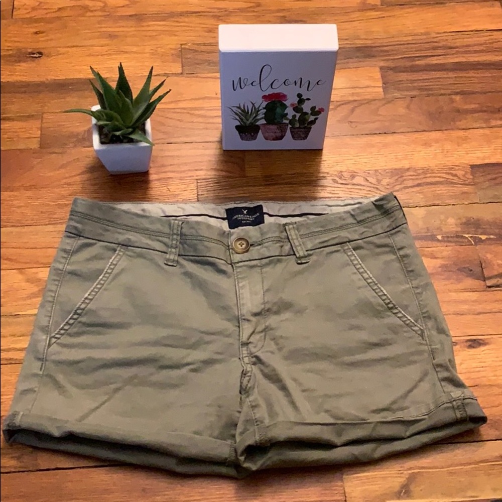 Green AEO stretch midi shorts